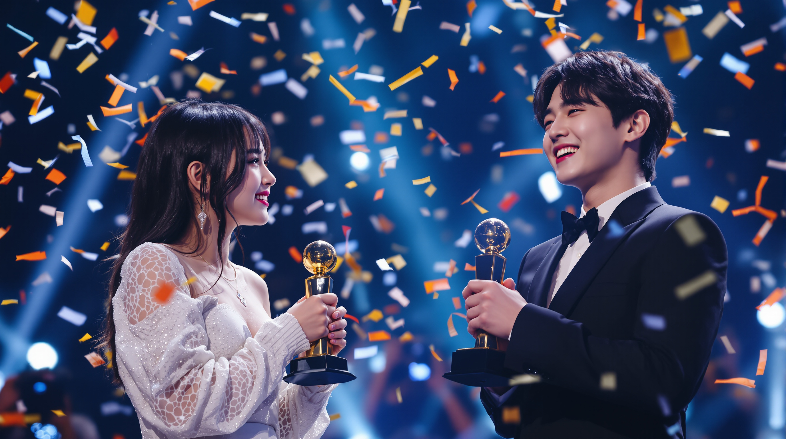 수상 무대에서 IU와 정국이 축하받는 장면