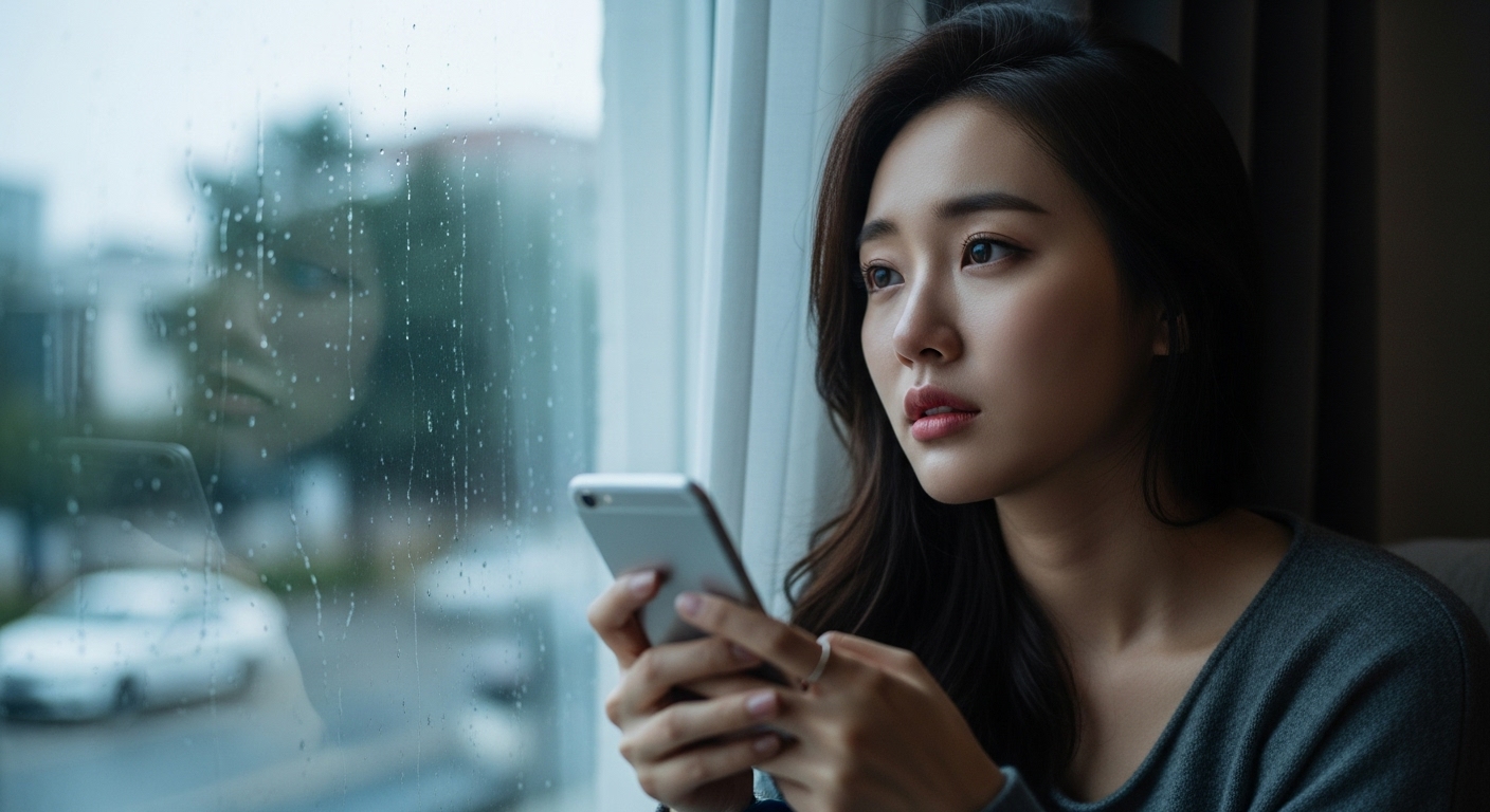 창가에서 스마트폰을 들고 깊은 생각에 잠긴 젊은 여자의 모습