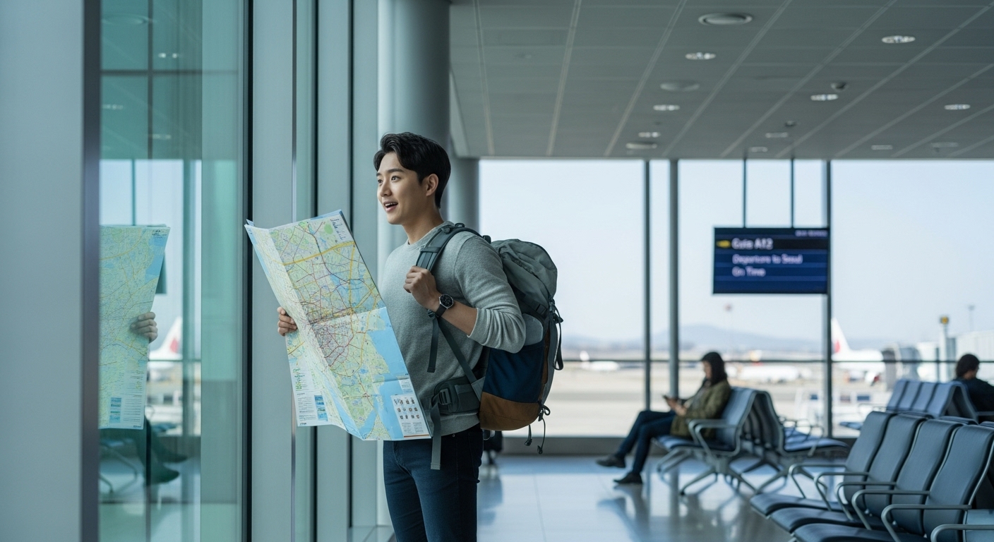 공항 출발 게이트에서 지도를 들고 있는 여행객