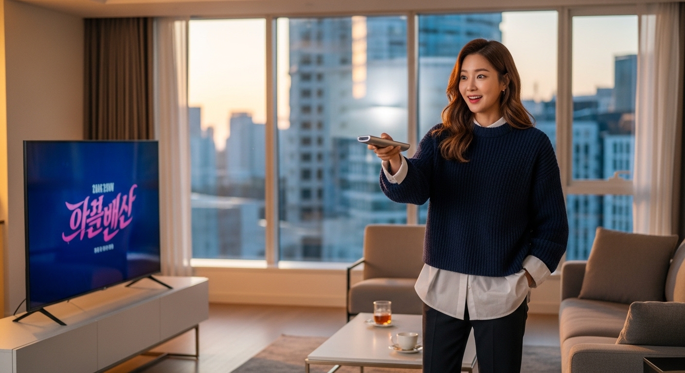 도심 속에서 TV 리모컨을 들고 있는 현대적이고 세련된 여배우의 모습