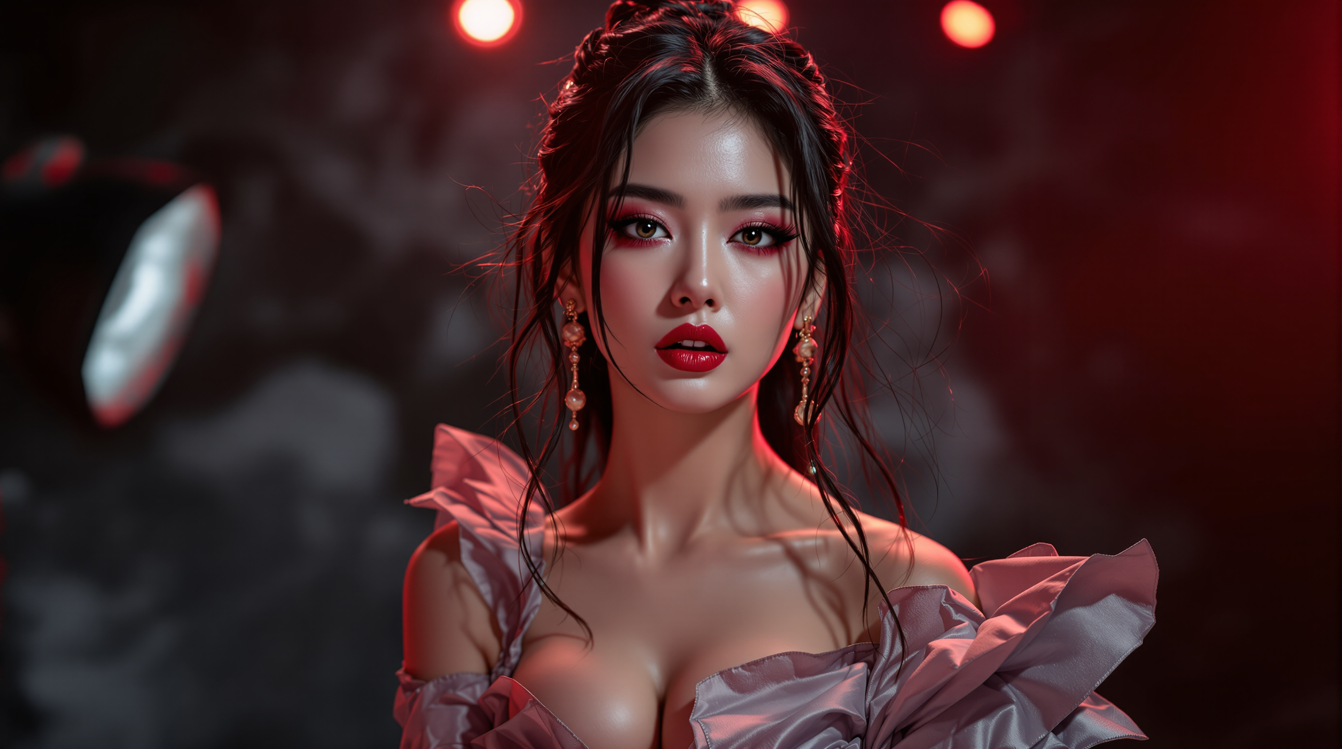 극적인 조명 아래에서 복수심에 불타는 캐릭터로 변신한 김유정 배우의 화려한 스튜디오 촬영 모습