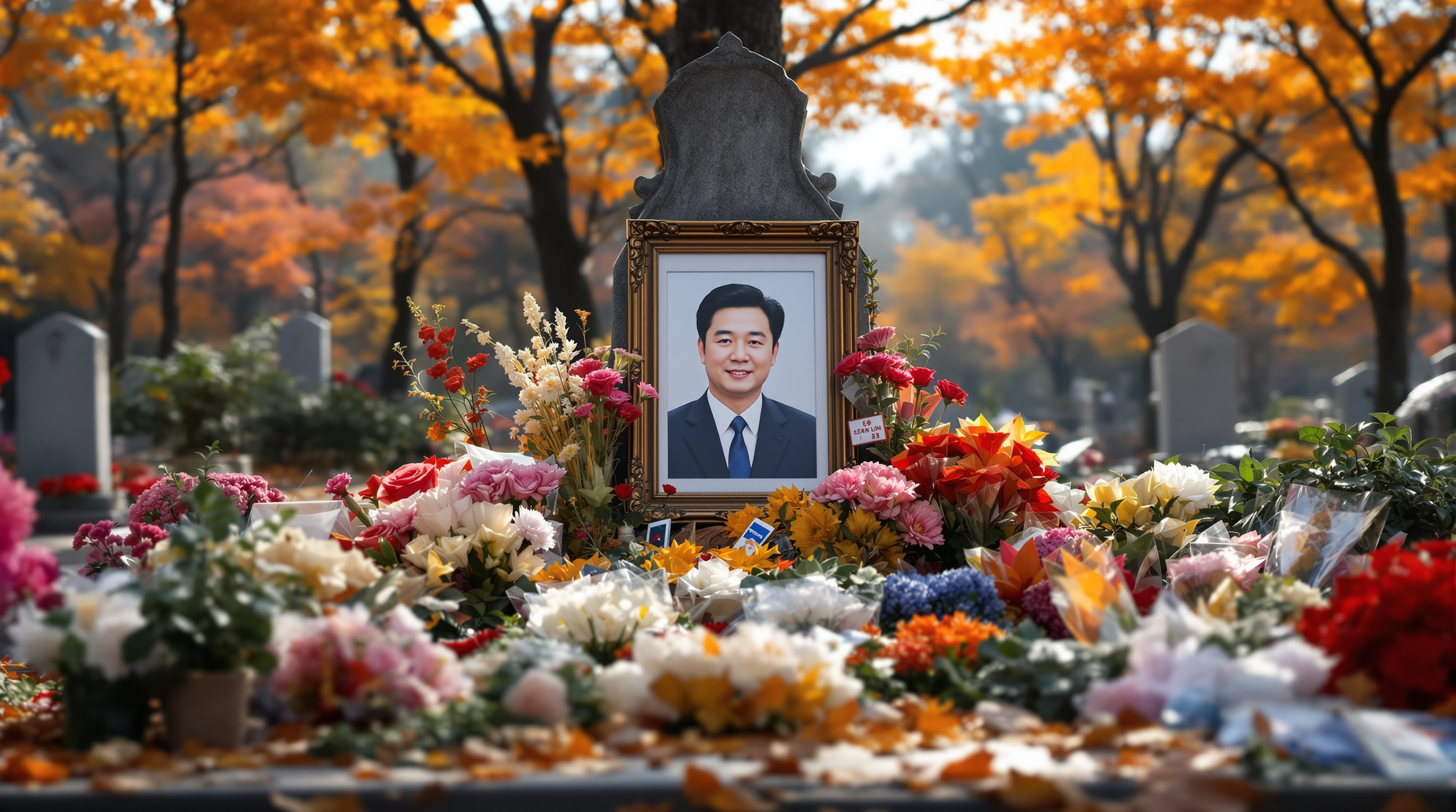 가을날, 한국 묘지에서 이순재의 초상화와 추모객들이 있는 장면