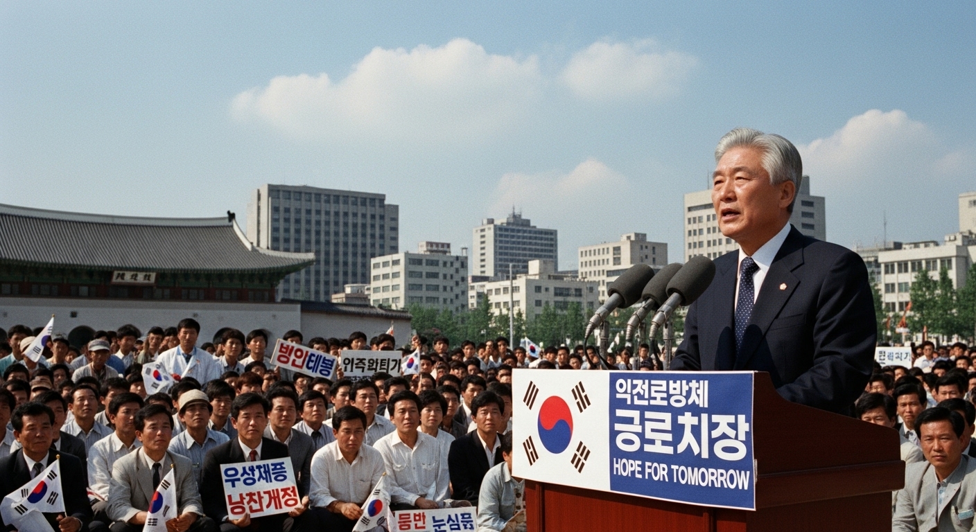 서울에서 열린 정치 집회에서 다양한 군중에게 연설하는 중년 정치인의 모습