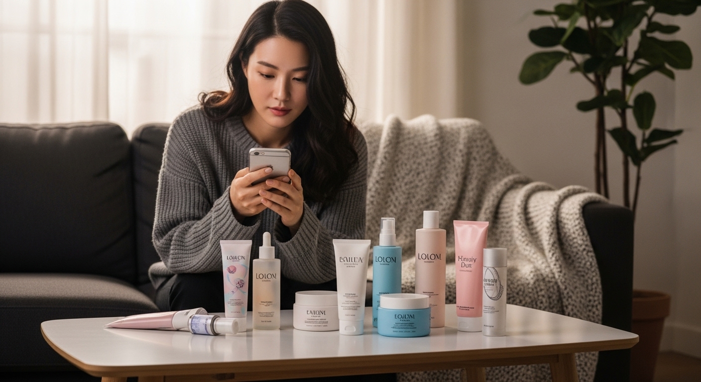 현대적인 여성이 거실에서 스마트폰으로 뷰티 트렌드를 확인하며 다양한 헤어케어 제품을 둘러보고 있는 모습