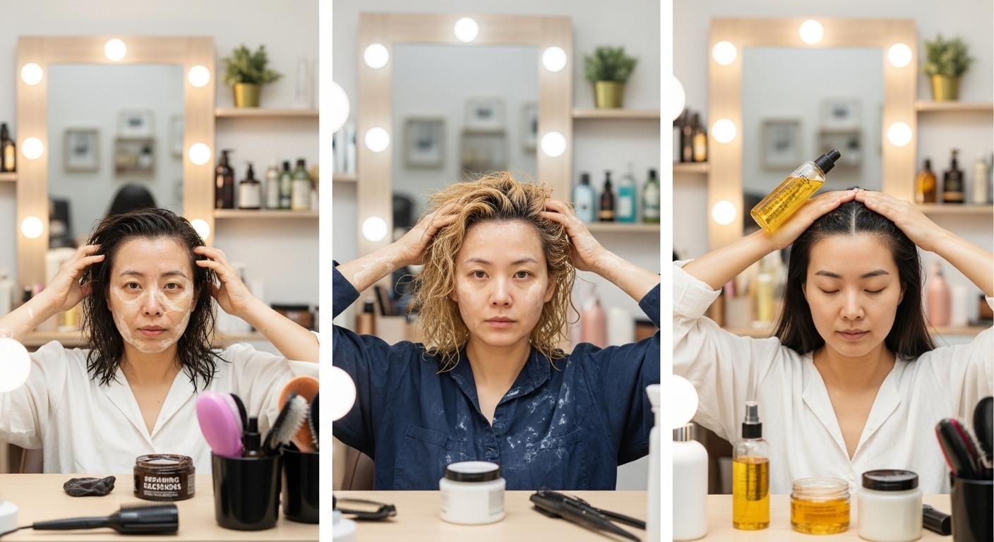 다양한 모발 타입의 한국 여성들이 각자의 집에서 맞춤형 헤어케어 제품을 사용하는 모습