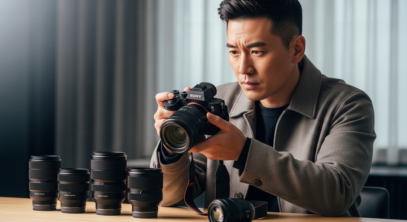 소니 A7C2 카메라와 다양한 E마운트 렌즈를 책상 위에 놓고 있는 사진작가의 모습