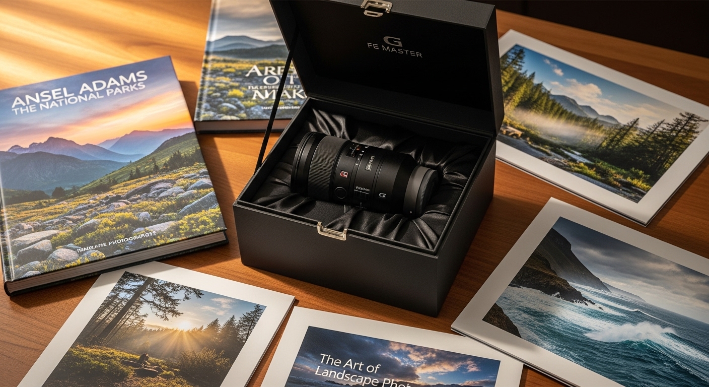 FE 16-35mm F2.8 GM 렌즈가 사진 책과 풍경 사진으로 둘러싸여 우아하게 전시된 모습