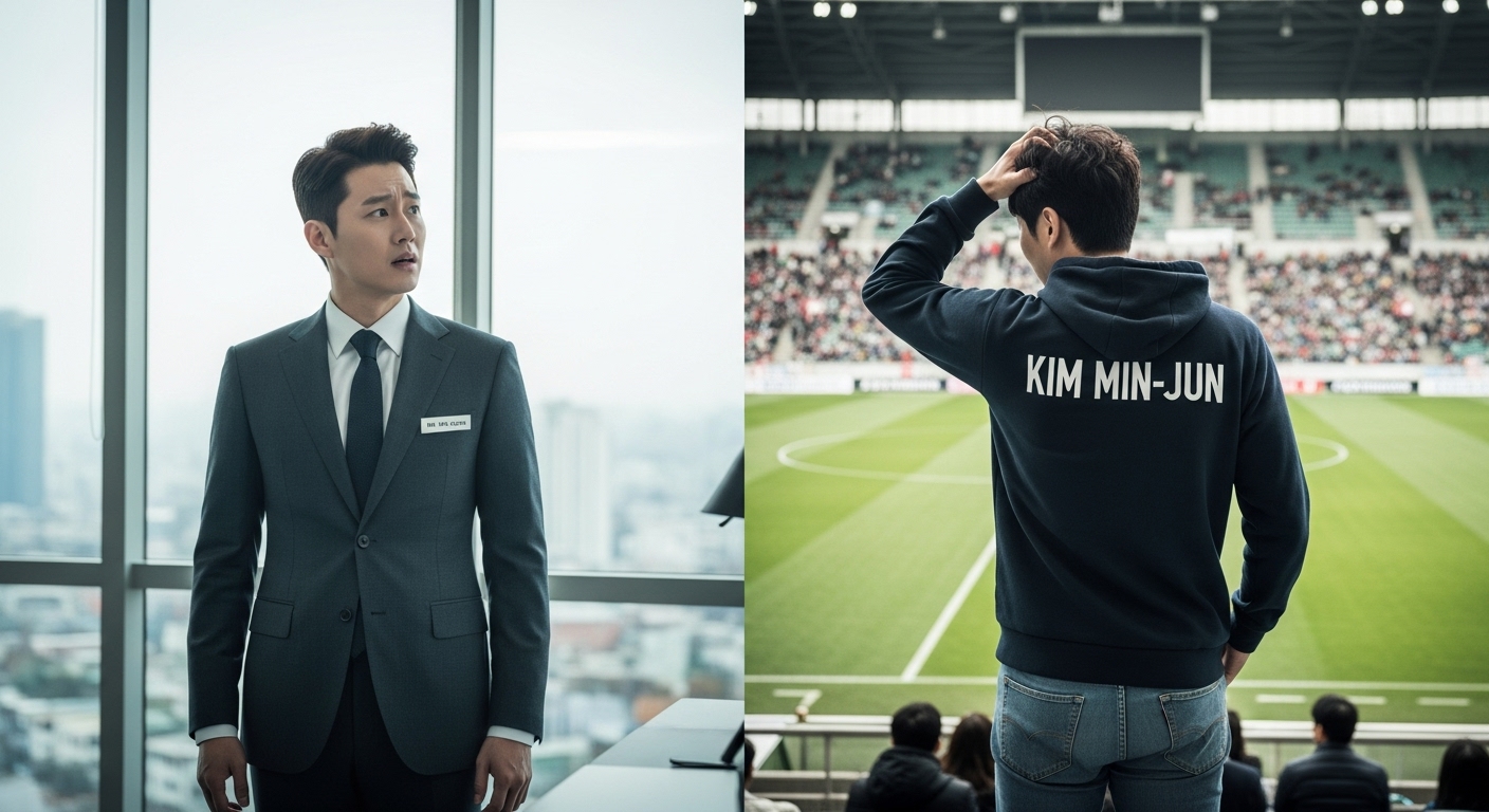 같은 이름을 가진 두 남성이 사무실과 경기장에서 서로를 바라보는 모습