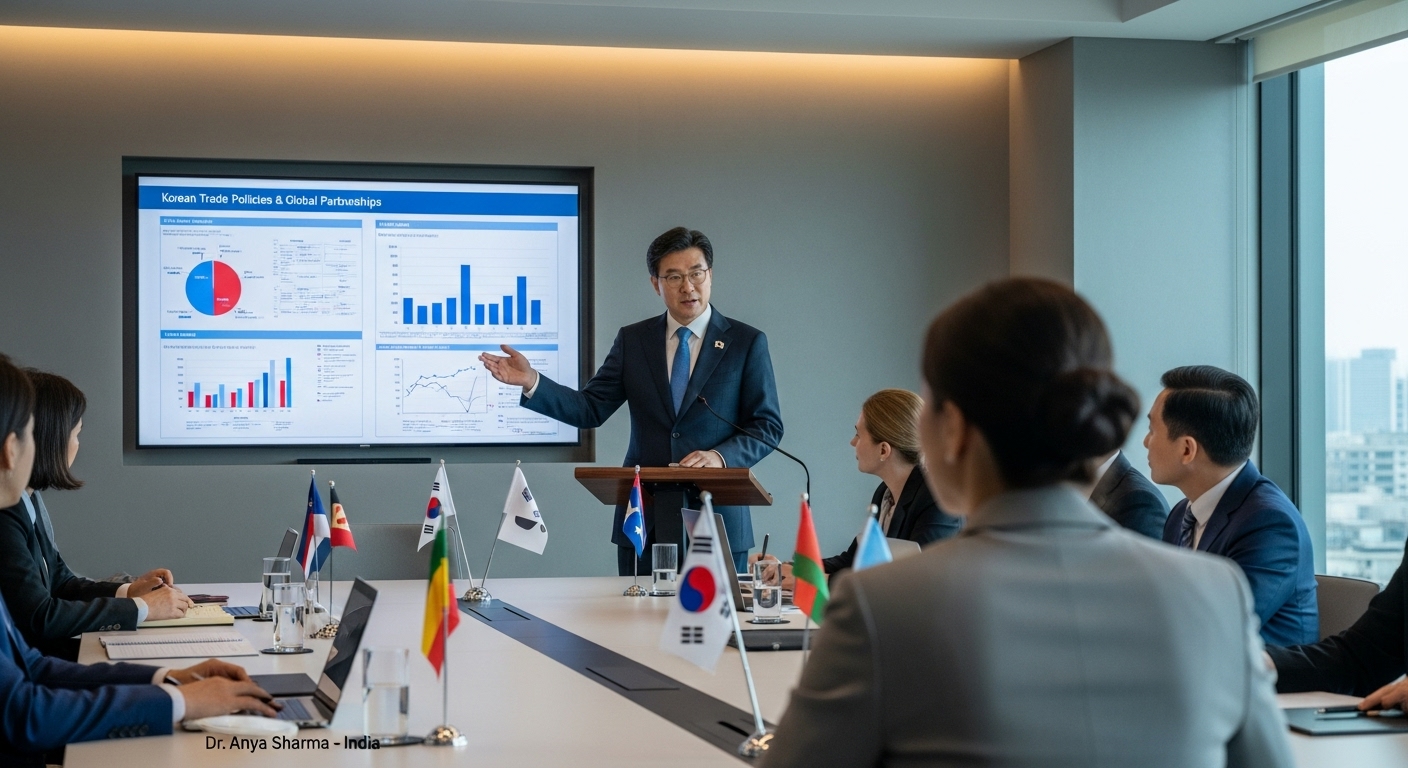 국제 회의실에서 무역 정책을 발표하는 한국인 남성의 모습