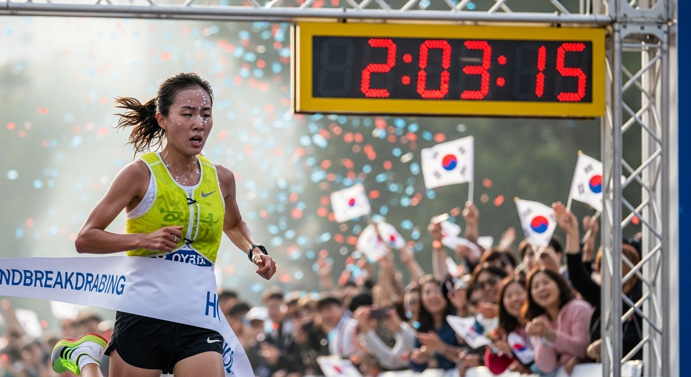 기록을 경신하며 결승선을 통과하는 한국 마라톤 선수가 관중들의 환호를 받는 장면