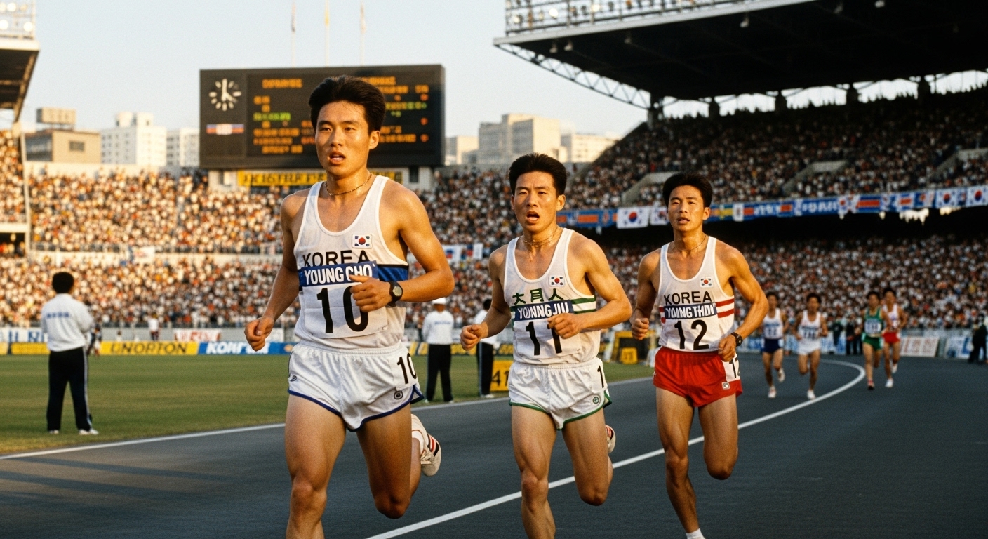주요 대회에서 뛰고 있는 세 명의 1990년대 한국 마라톤 선수들