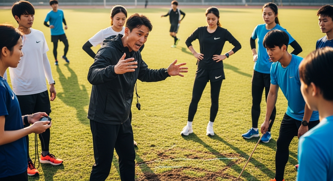 젊은 운동선수들을 열정적으로 지도하는 한국인 코치와 팀 전략 회의를 하는 모습