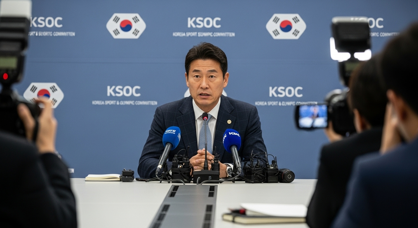 논란에 대해 기자회견에서 설명하고 있는 한국 스포츠 코치
