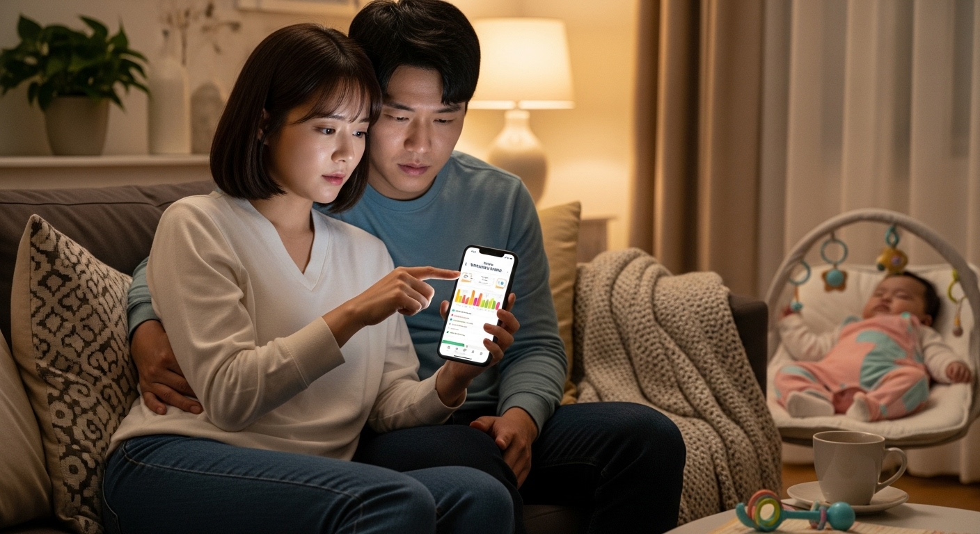 부모가 스마트폰 앱으로 아기의 발달 상태를 확인하는 모습