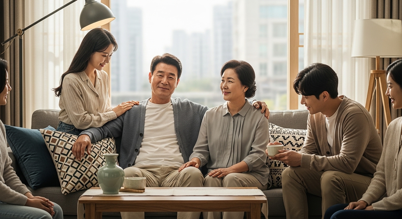 가족의 지원 속에서 편안한 분위기에서 휴식을 취하는 부모의 모습
