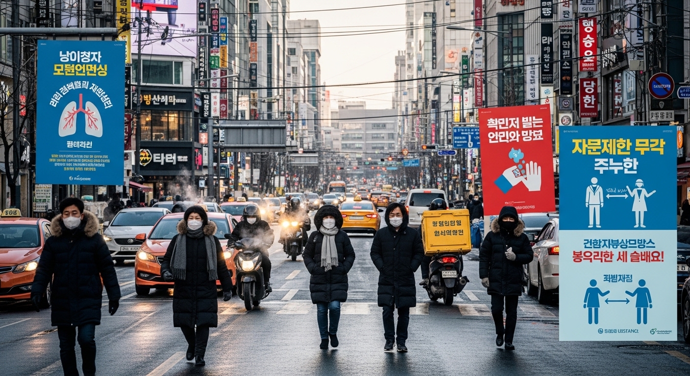 겨울철 한국 도시 거리에서 사람들이 마스크를 쓰고 있는 모습