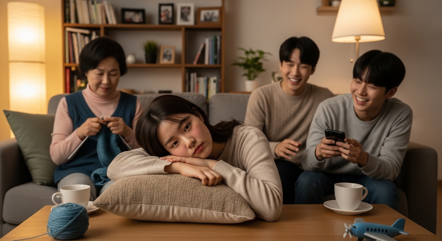 가족 중 한 명이 아픈 모습을 보이는 따뜻한 집안의 모습