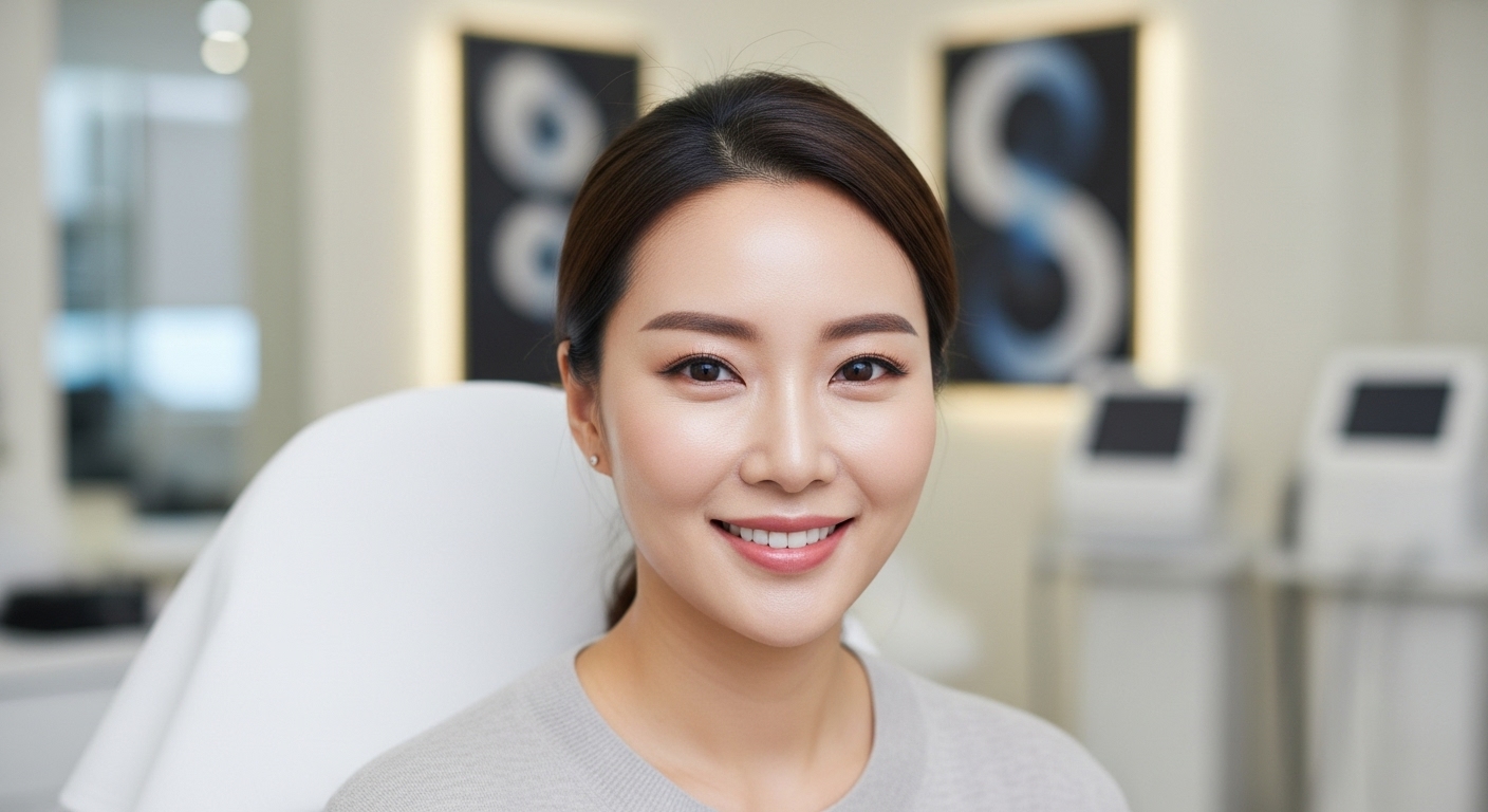 현대적이고 뚜렷한 눈매를 가진 여성이 클리닉에서 미소 짓고 있는 모습