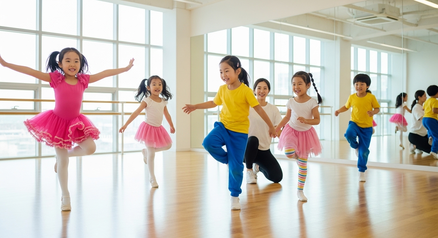 밝은 댄스 스튜디오에서 춤 연습 중인 어린이들