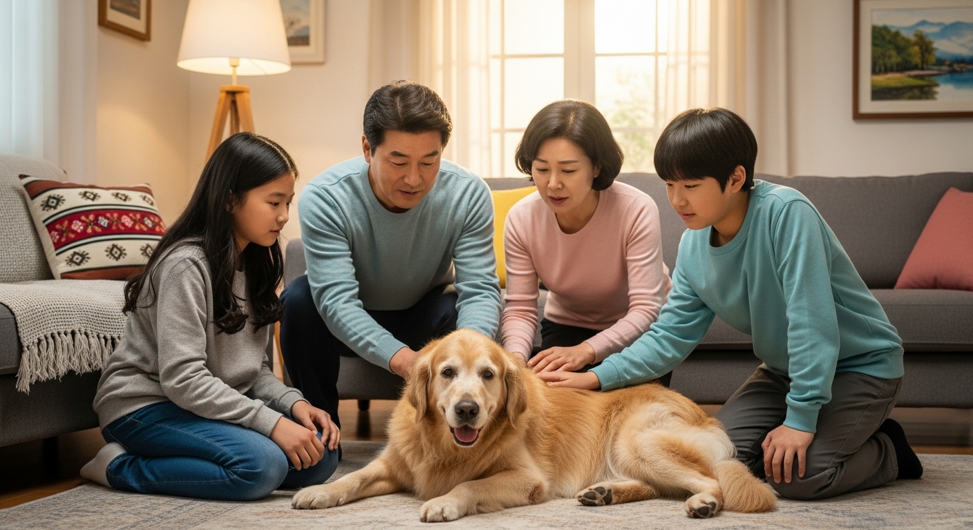 한국 가족이 나이 든 반려견을 관찰하며 걱정하는 모습