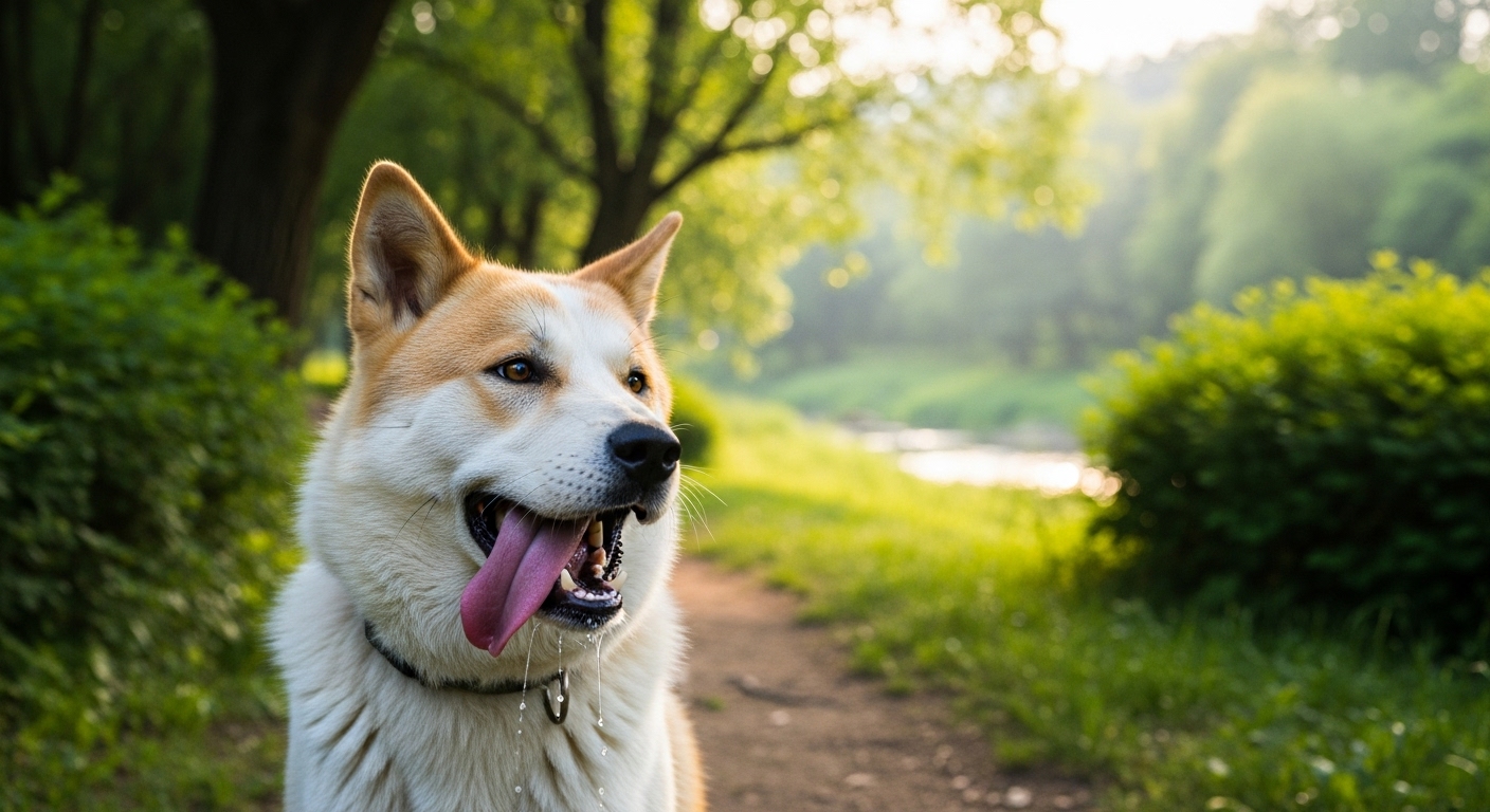 공원에서 가벼운 활동 중 헉헉거리는 강아지의 모습