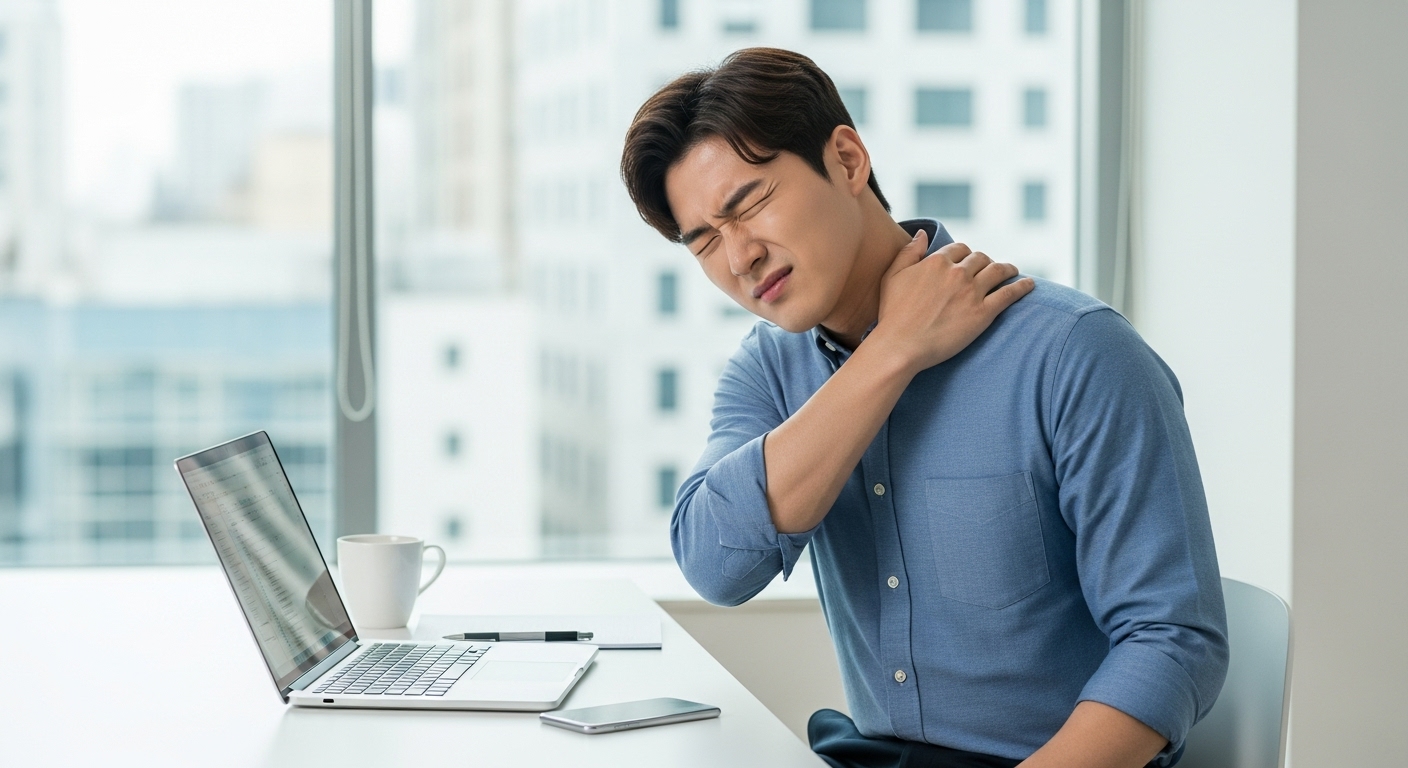 젊은 남성이 노트북 앞에서 목과 어깨를 주무르는 모습