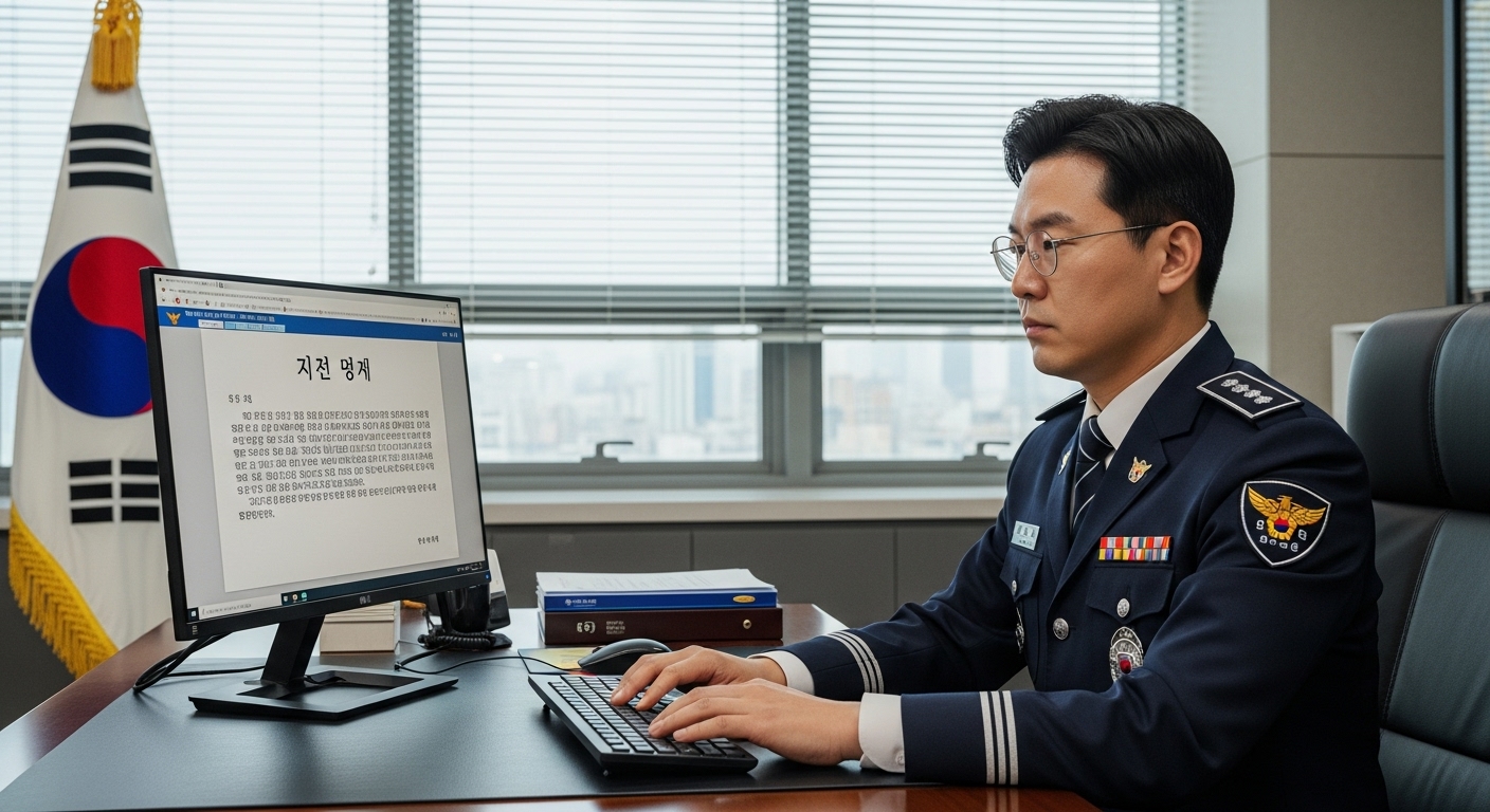 경찰관이 사무실에서 컴퓨터로 공식 입장문을 작성하는 모습