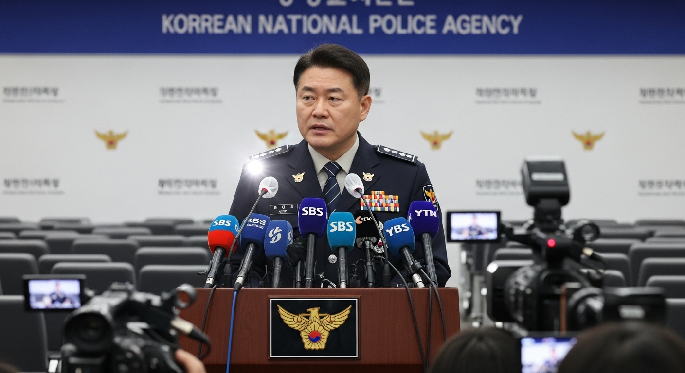 기자회견에서 자신감 있게 발언하는 경찰총장의 모습