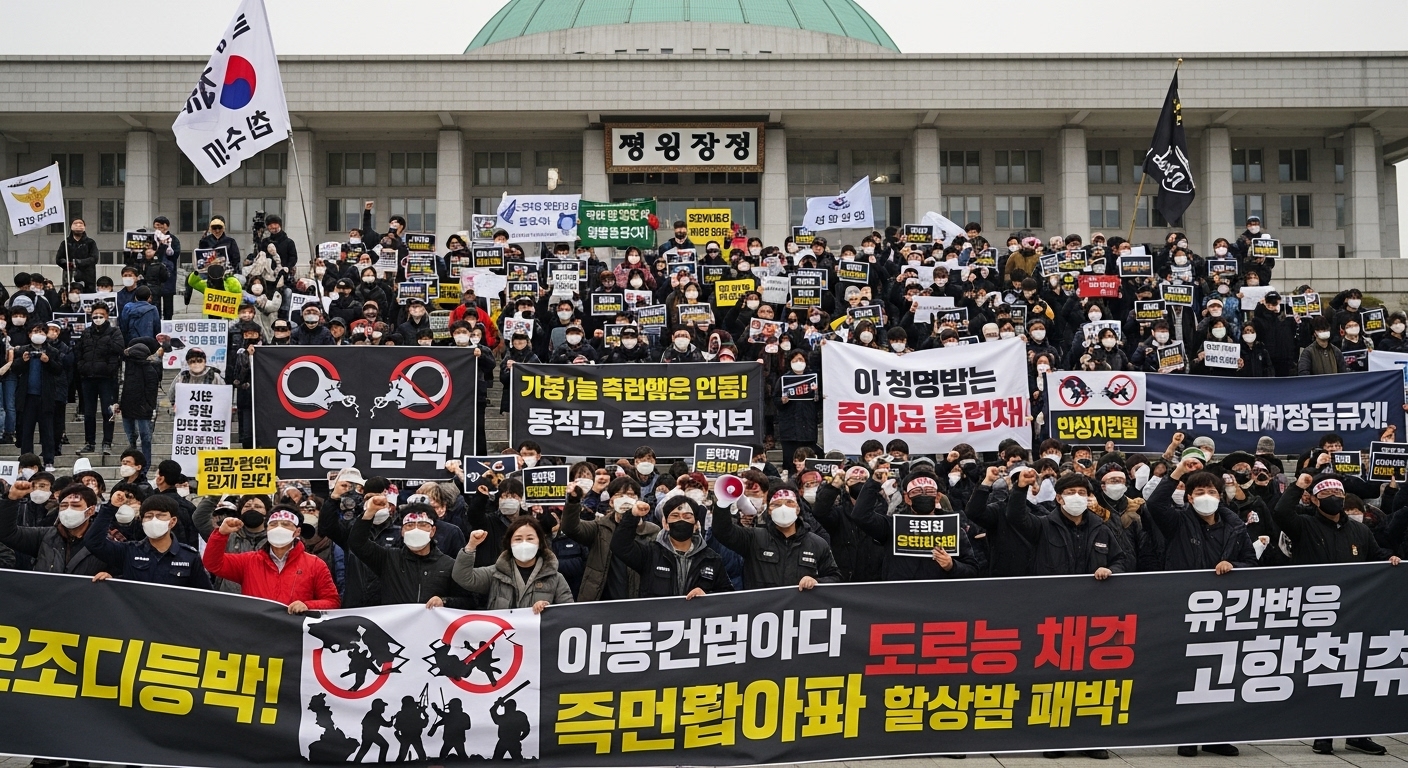 정부 건물 앞에서 경찰 행동을 비판하는 시위를 벌이는 다양한 시민들