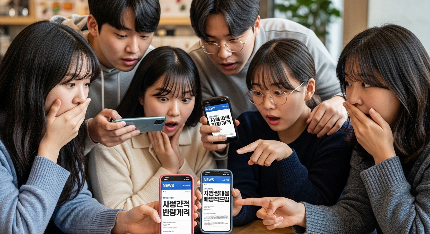 충격에 빠진 사용자들이 스마트폰 화면을 바라보는 모습