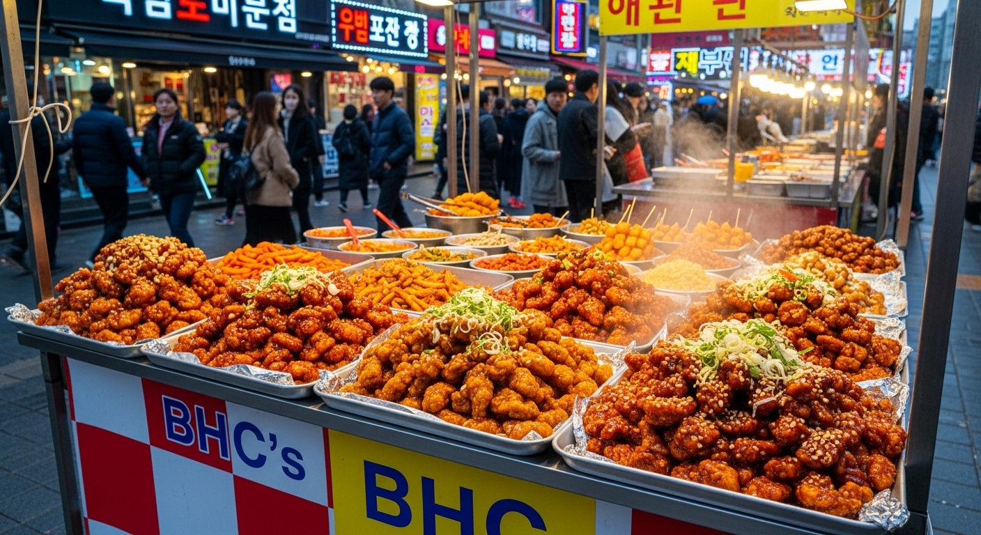 서울의 분주한 거리에서 BHC 스윗츄 치킨을 판매하는 푸드 트럭
