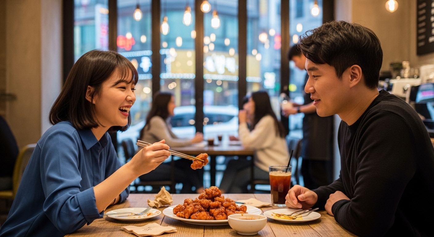 서울 카페에서 젊은 커플이 스윗츄를 즐기는 모습