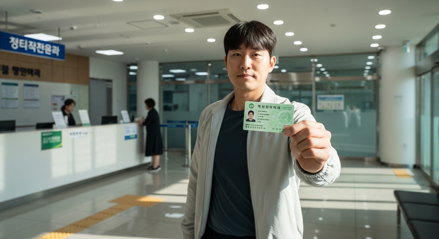 아침 일찍 신분증을 들고 보건소에 들어가는 남성과 접수대의 짧은 대기열