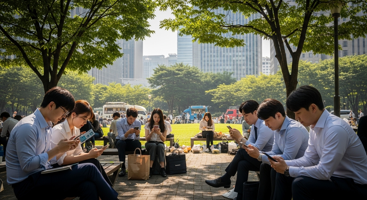 점심시간에 도시 공원에서 스마트폰으로 디지털 보건증을 관리하는 바쁜 직장인들