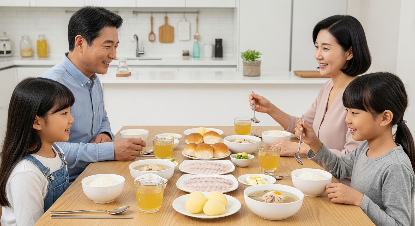 저섬유질 다이어트를 위한 흰쌀밥과 부드러운 빵 등 간단한 요리로 차려진 가족 식탁