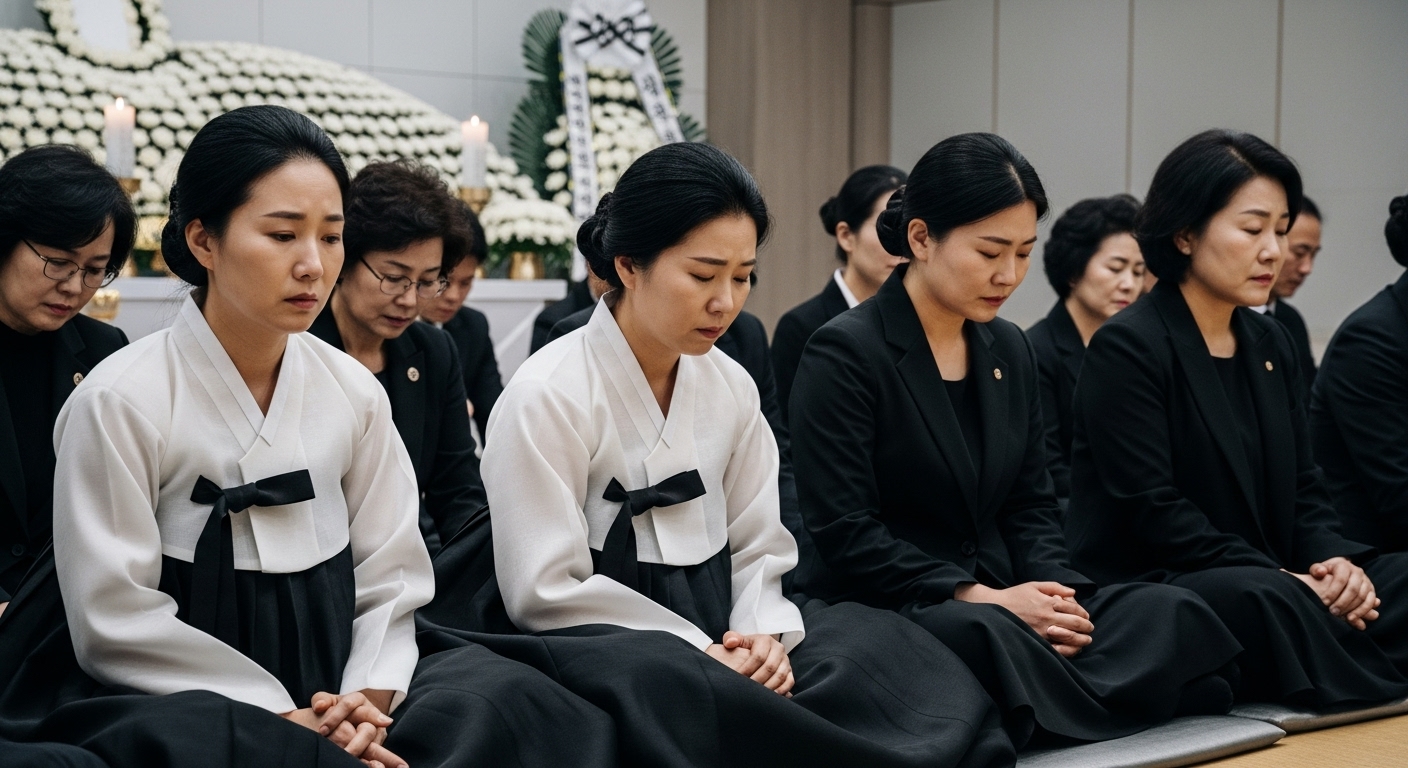 간소한 검정색 옷차림의 한국 문상객들