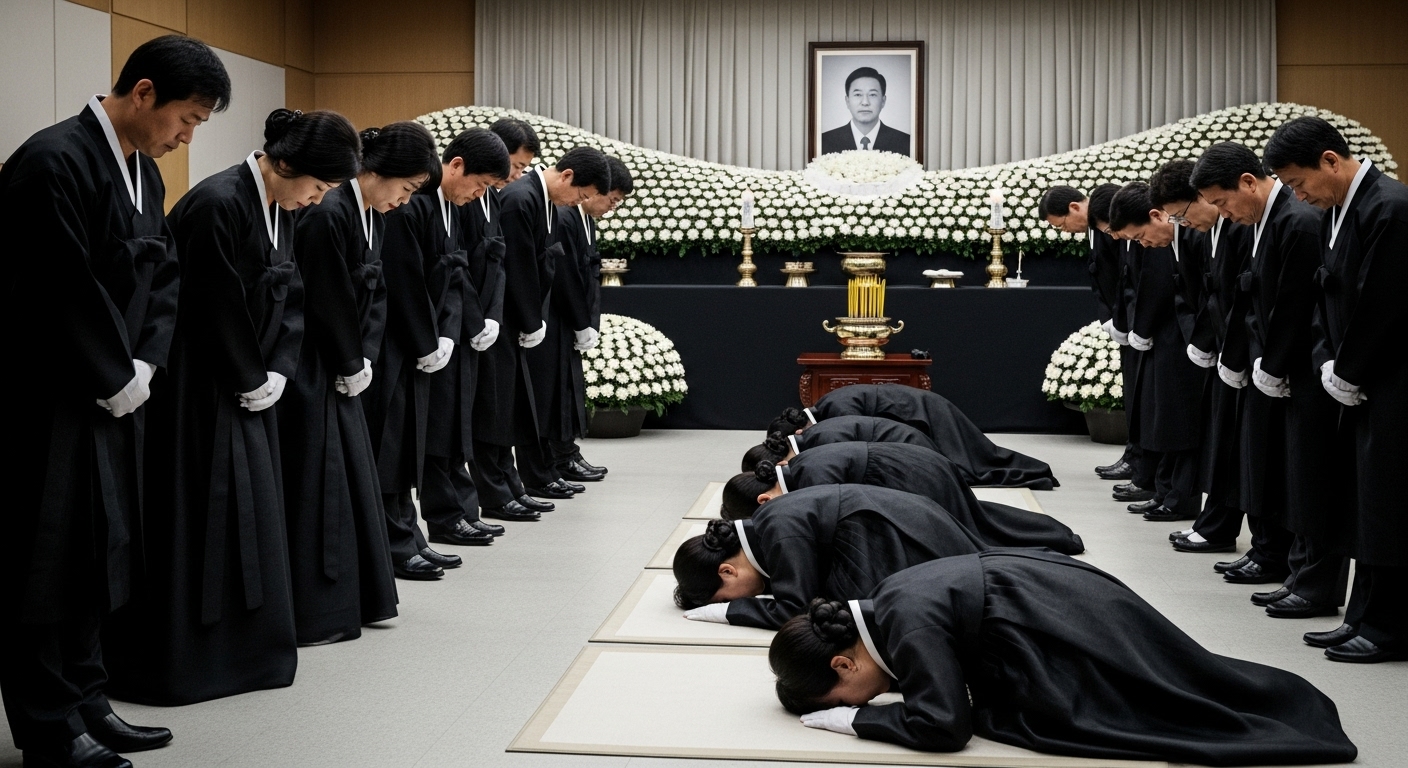 한국 장례식에서 전통적인 절을 하는 문상객들