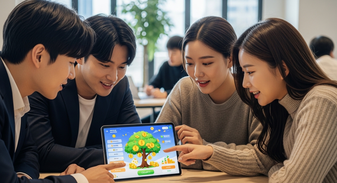 젊은 사람들이 스마트폰으로 돈나무 앱을 사용하는 장면