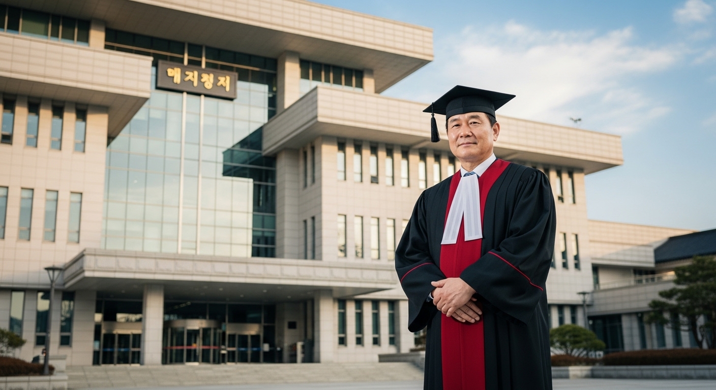 현대적인 법원 앞에 서 있는 포멀한 차림의 성공한 판사 모습