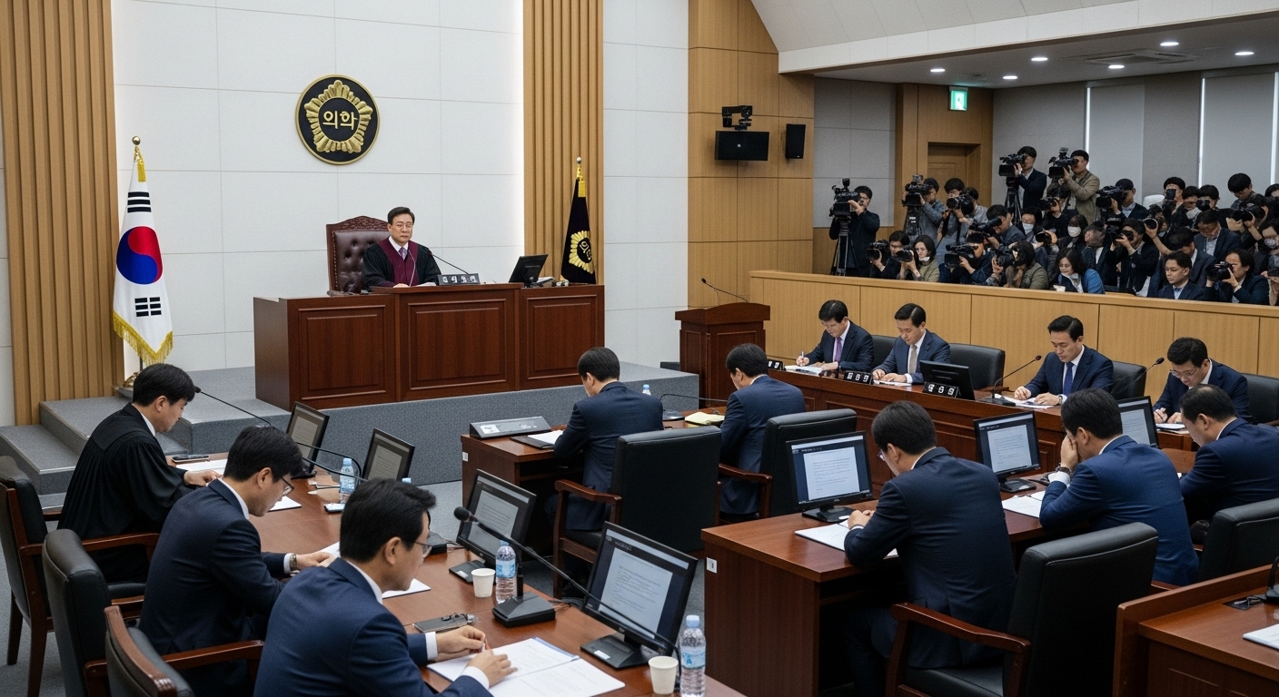중요한 정치 재판을 주재하는 법정에서의 긴장감 넘치는 장면