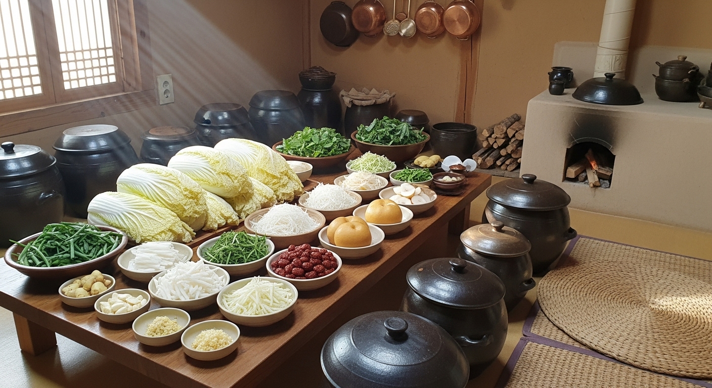 전통적인 한국 주방에서 배추와 야채로 백김치를 준비하는 모습