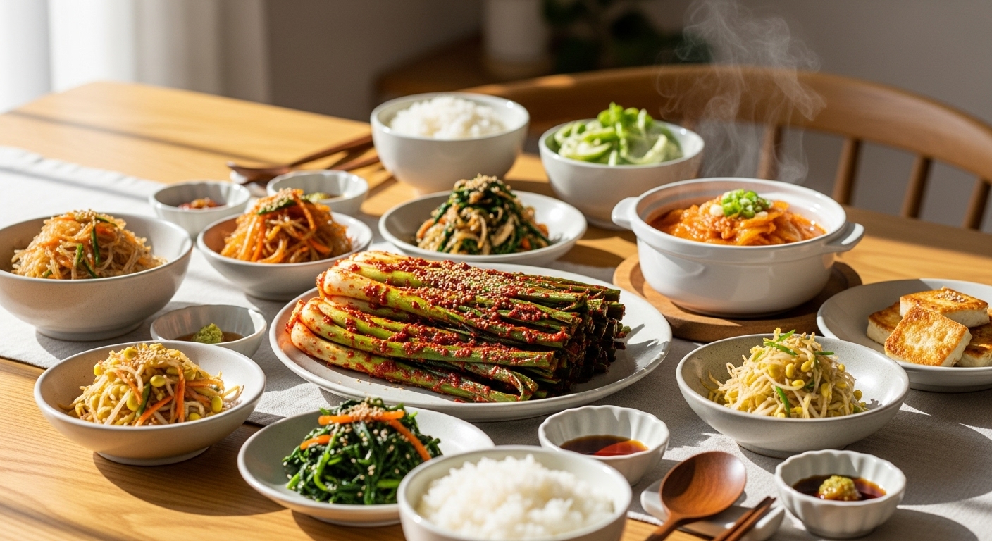 봄철 식탁에 다양한 한국 반찬과 함께 놓인 신선한 파김치