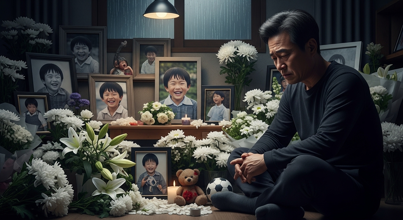 아들의 추모 공간에서 깊은 생각에 잠긴 아버지 모습