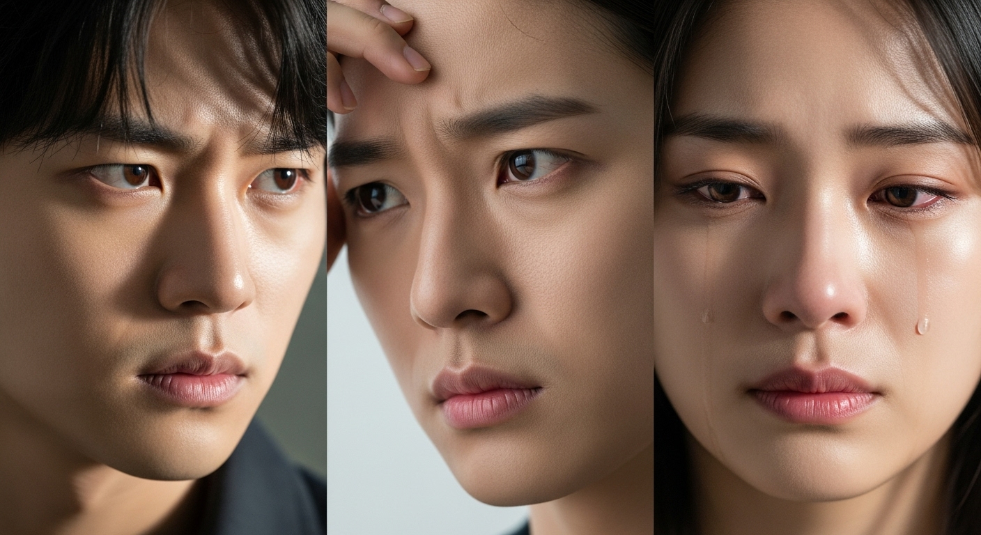 복잡한 감정을 표현하는 세 명의 젊은 배우들 초상화