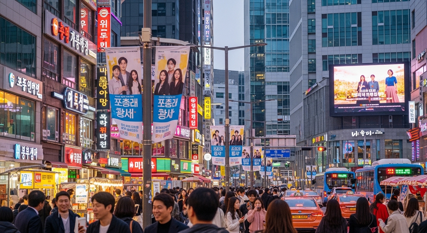 현대적인 한국의 동네에서 사람들이 TV 프로그램을 홍보하는 현수막을 보고 이야기하는 장면