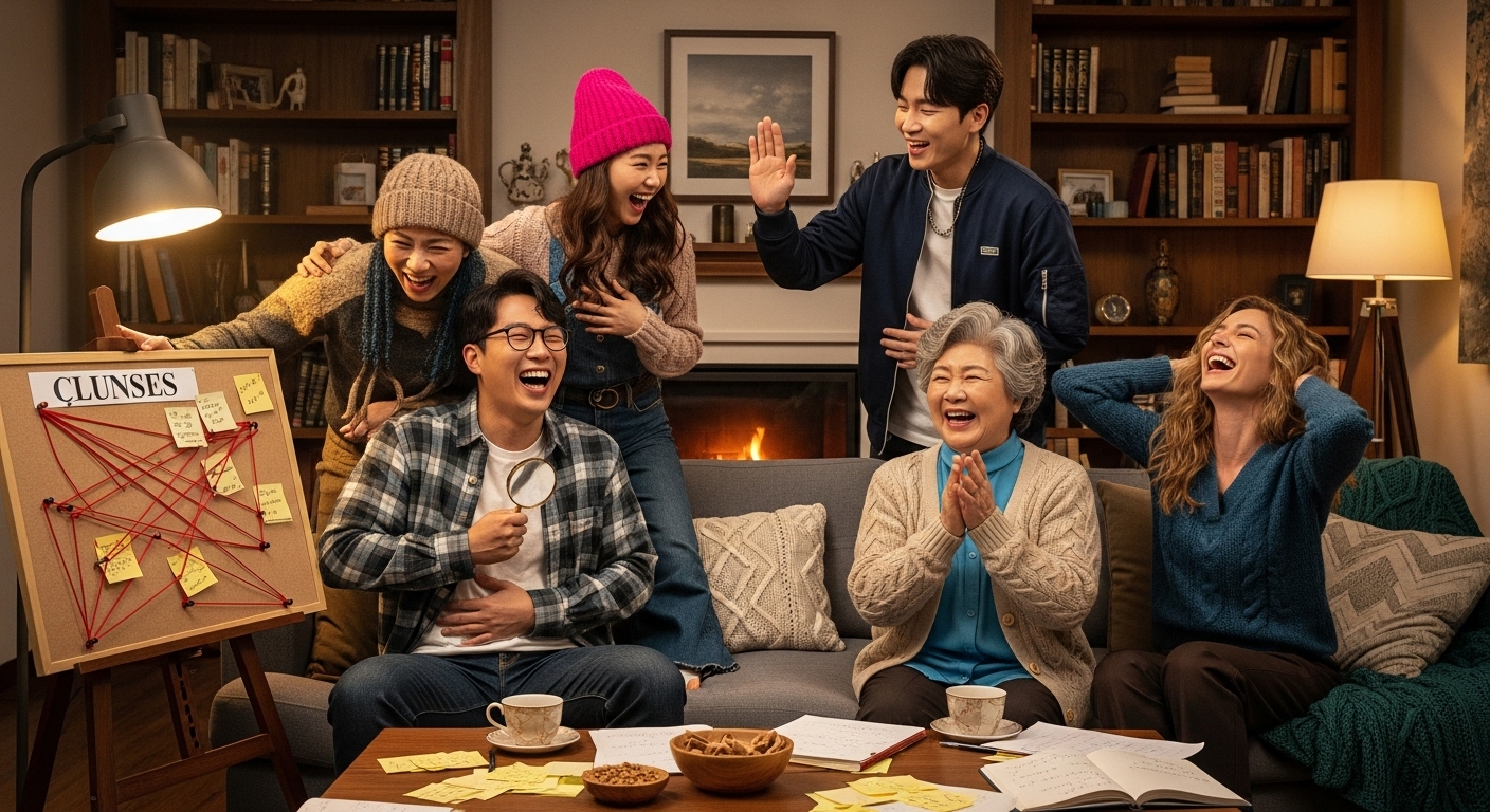 미스터리를 해결한 후 아늑한 거실에서 함께 웃고 있는 다섯 명의 다양한 한국인들이 보여주는 강한 유대감