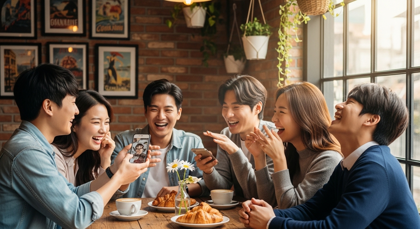 카페에서 스마트폰을 보며 아재개그를 즐기는 친구들