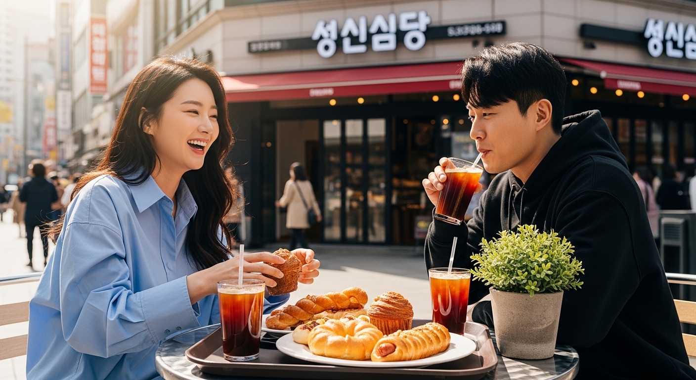 대전 시내 중심에서 야외 카페 테이블에 앉아 갓 구운 패스트리를 즐기는 커플
