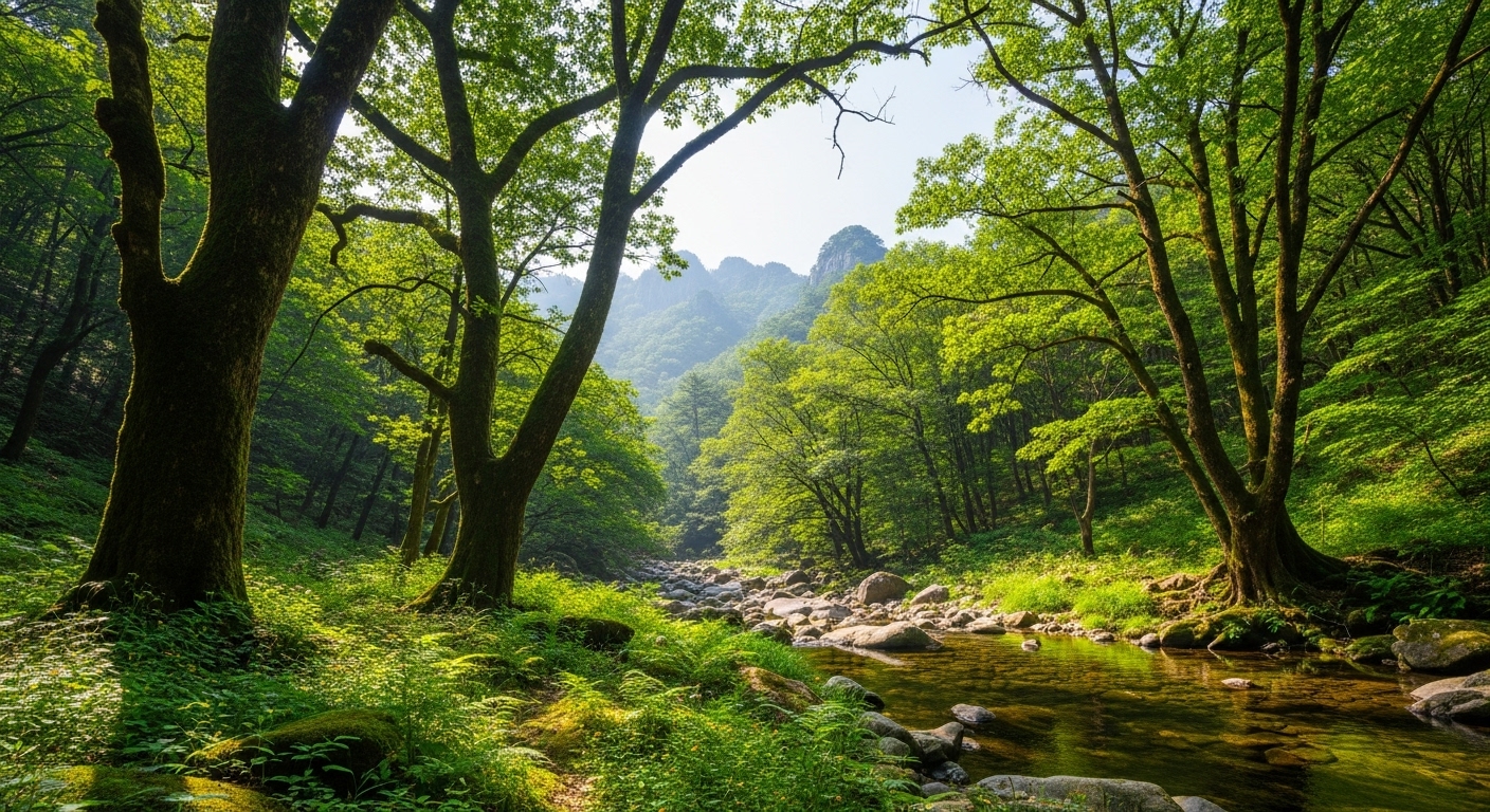 청태산 기슭에 펼쳐진 울창한 숲과 맑은 하늘이 어우러진 평화로운 풍경