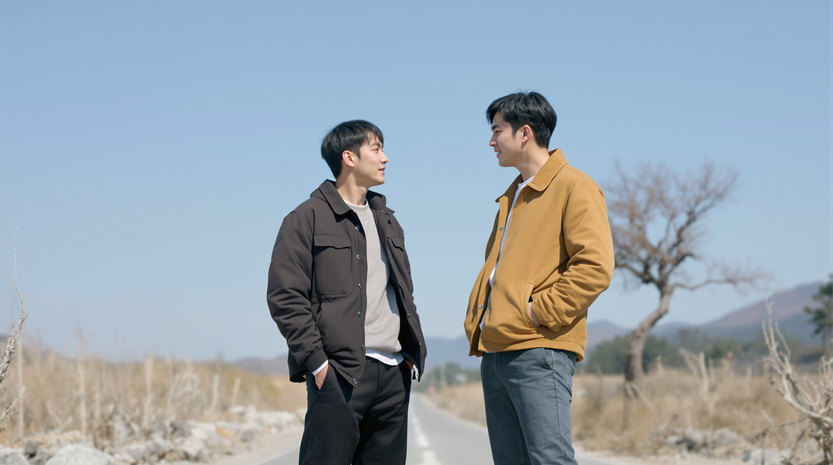 두 남자가 황량한 시골길 위 마른 나무 옆에서 대화하는 모습
